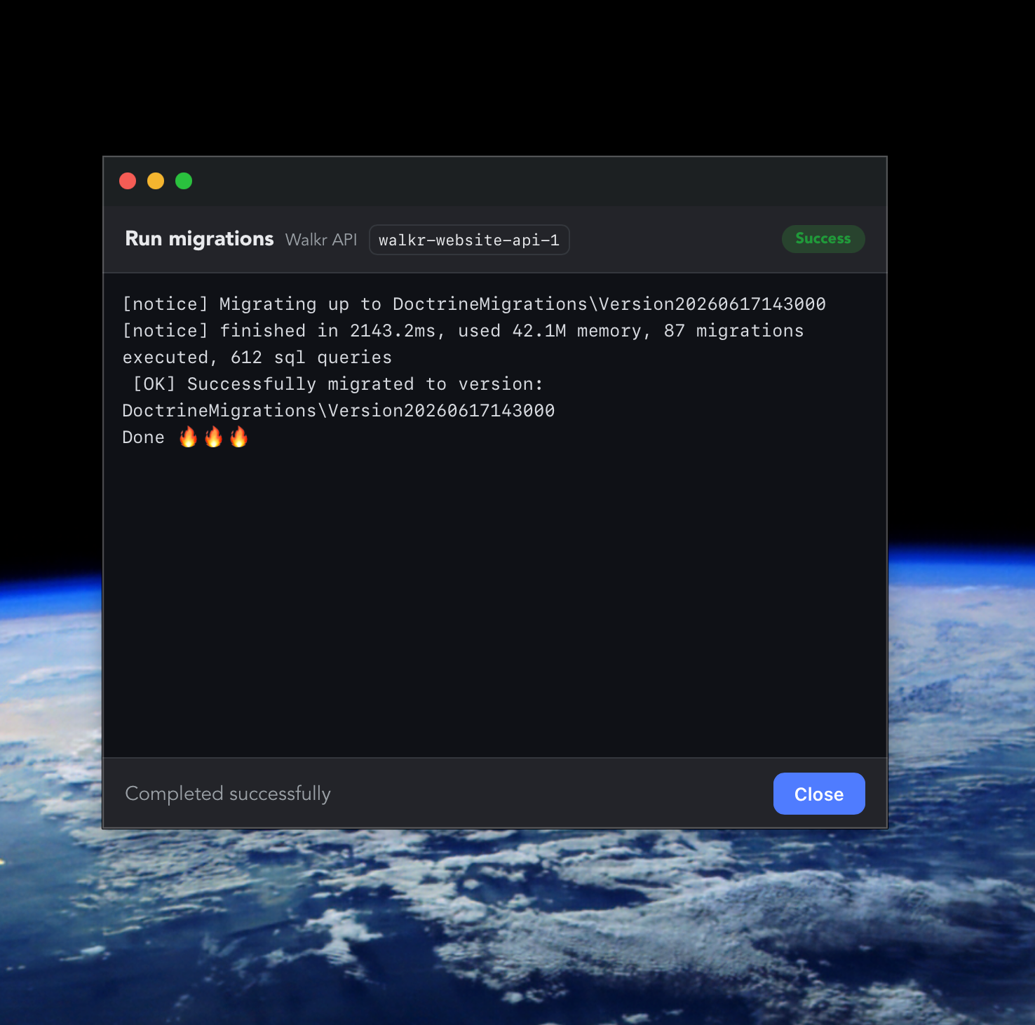 Dogger runner window showing successful migration output